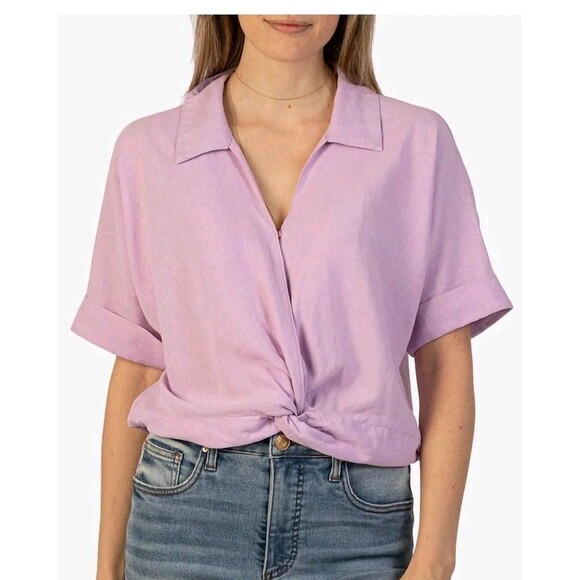 Kut From The Cloth Rebel Linen Blend Knotted Top Lavender Sz Small V-Neck Collar - Picture 1 of 11